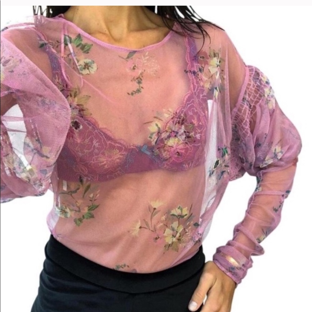 ZARA NWOT SHEER PURPLE FLORAL PUFF SLEEVE BLOUSE